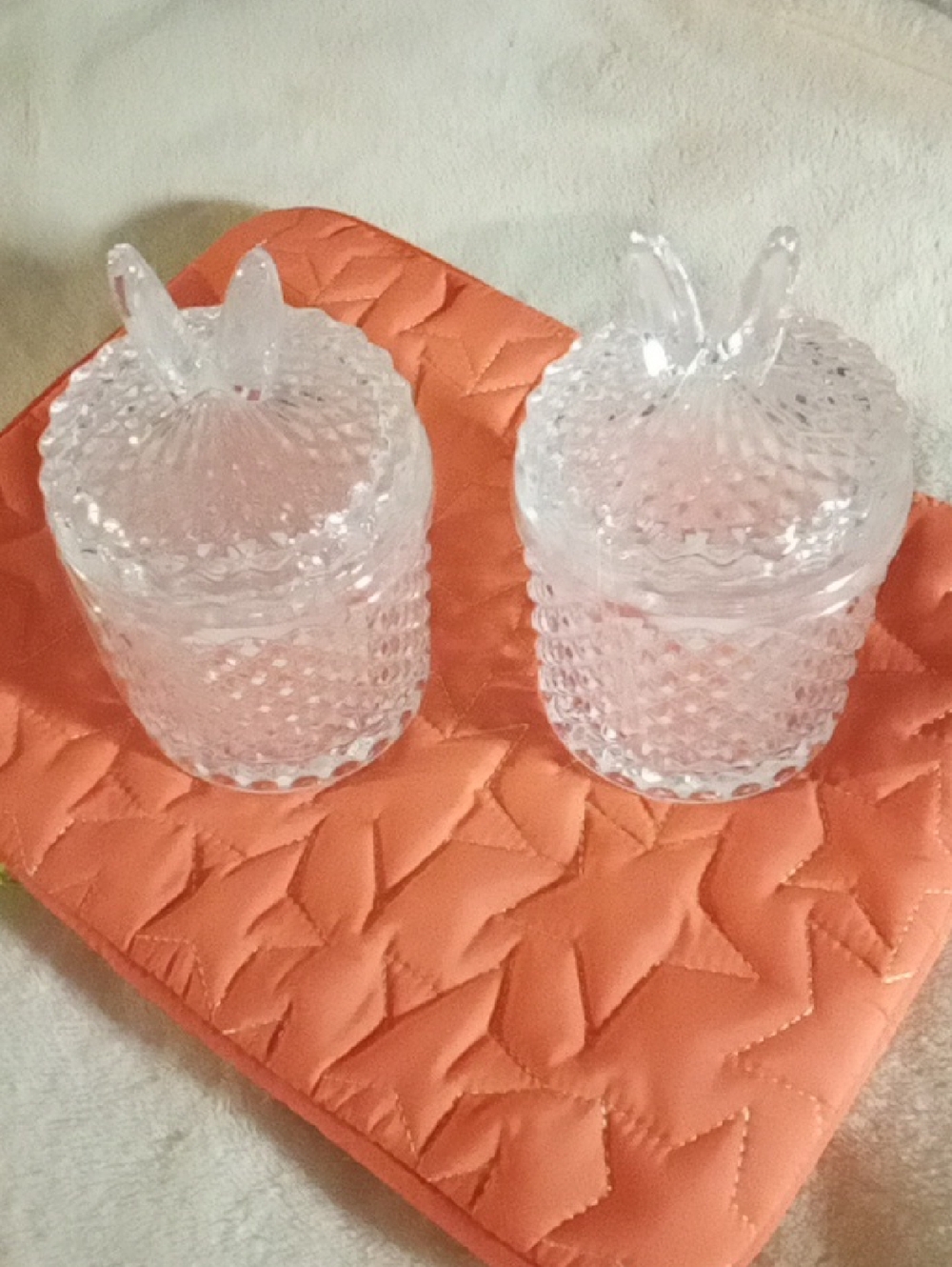 2 Cut Glass bunny Eared Jars -by Festive voice-  Clear Pressed Glass NWT!!